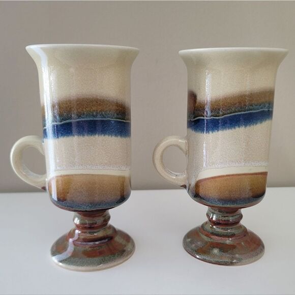 Vintage Otagiri Irish Coffee Mugs Pedestal Blue Beige Set of 2 1049 A - Picture 3 of 12